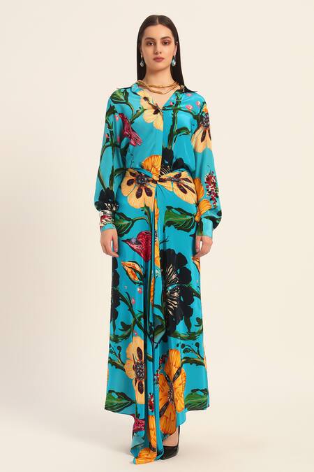 Shop Ruhr India Turquoise Crepe Collared Floral Print Yoko Shirt And Draped Skirt Set Shop_Ruhr India_Turquoise Crepe Collared Floral Print Yoko Shirt And Draped Skirt Set
