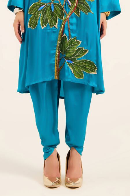 Ruhr India Turquoise Satin Embroidery V-neck Phirozi Blue Hand Kurta Set Online at Aza Fashions Ruhr India_Turquoise Satin Embroidery V-neck Phirozi Blue Hand Kurta Set _Online_at_Aza_Fashions