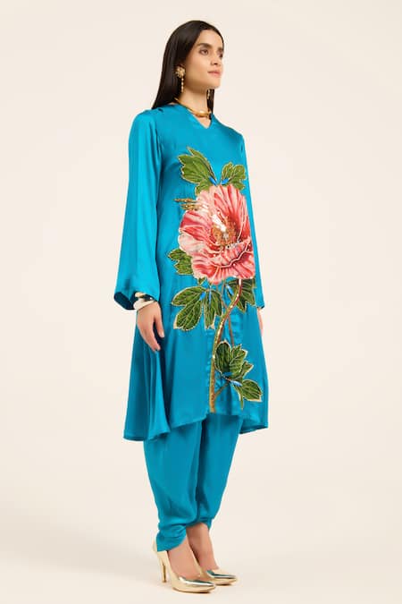 Buy Ruhr India Turquoise Satin Embroidery V-neck Phirozi Blue Hand Kurta Set Online at Aza Fashions Buy_Ruhr India_Turquoise Satin Embroidery V-neck Phirozi Blue Hand Kurta Set _Online_at_Aza_Fashions