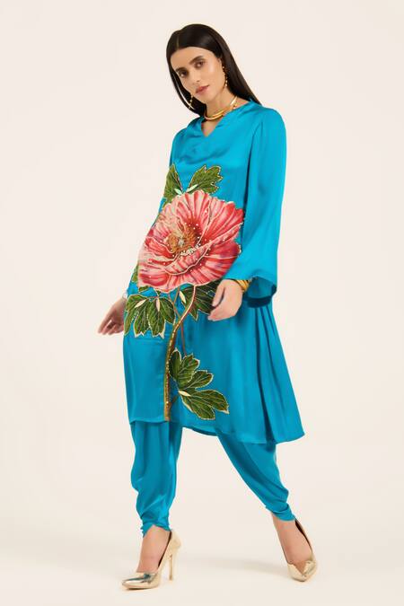 Shop Ruhr India Turquoise Satin Embroidery V-neck Phirozi Blue Hand Kurta Set Online at Aza Fashions Shop_Ruhr India_Turquoise Satin Embroidery V-neck Phirozi Blue Hand Kurta Set _Online_at_Aza_Fashions