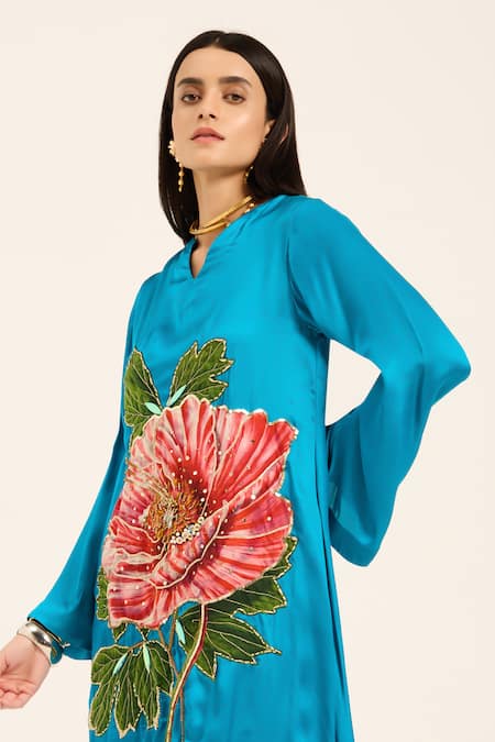 Buy Ruhr India Turquoise Satin Embroidery V-neck Phirozi Blue Hand Kurta Set Buy_Ruhr India_Turquoise Satin Embroidery V-neck Phirozi Blue Hand Kurta Set