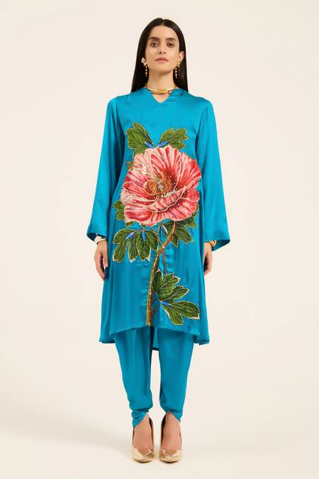 Shop Ruhr India Turquoise Satin Embroidery V-neck Phirozi Blue Hand Kurta Set Shop_Ruhr India_Turquoise Satin Embroidery V-neck Phirozi Blue Hand Kurta Set