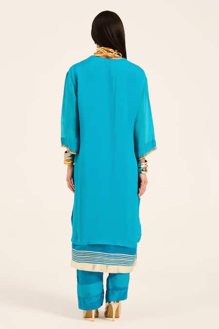 Ruhr India Floral Embroidered Phirozi Blue Kurta Set 