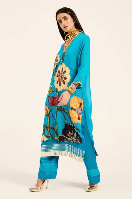 Ruhr India Turquoise Organza, Satin Embroidery V-neck Floral Phirozi Blue Kurta Set Online at Aza Fashions Ruhr India_Turquoise Organza, Satin Embroidery V-neck Floral Phirozi Blue Kurta Set _Online_at_Aza_Fashions