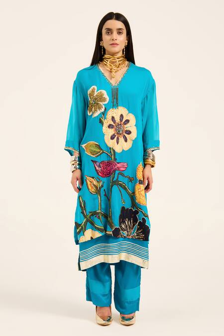 Buy Ruhr India Turquoise Organza, Satin Embroidery V-neck Floral Phirozi Blue Kurta Set Online at Aza Fashions Buy_Ruhr India_Turquoise Organza, Satin Embroidery V-neck Floral Phirozi Blue Kurta Set _Online_at_Aza_Fashions