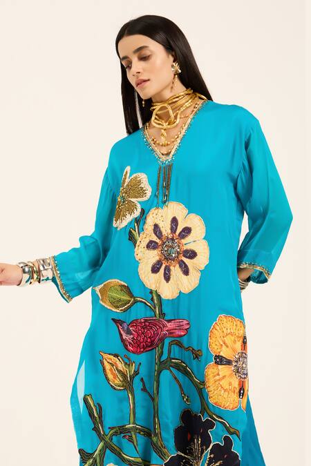 Buy Ruhr India Turquoise Organza, Satin Embroidery V-neck Floral Phirozi Blue Kurta Set Buy_Ruhr India_Turquoise Organza, Satin Embroidery V-neck Floral Phirozi Blue Kurta Set