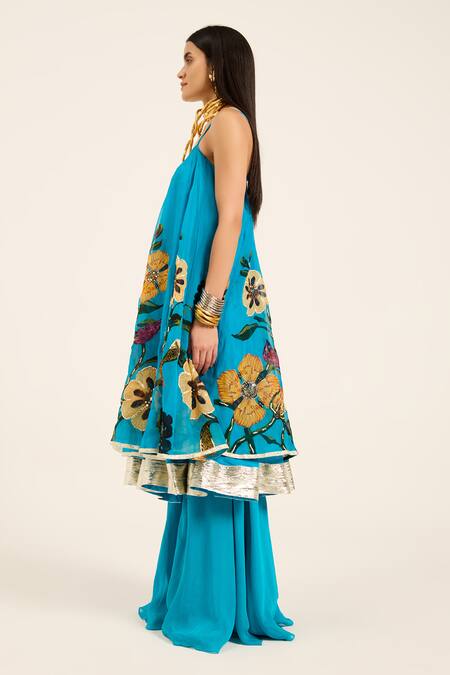 Ruhr India Turquoise Organza Embroidery Round Neck Dhara Kurta Set Online at Aza Fashions Ruhr India_Turquoise Organza Embroidery Round Neck Dhara Kurta Set _Online_at_Aza_Fashions