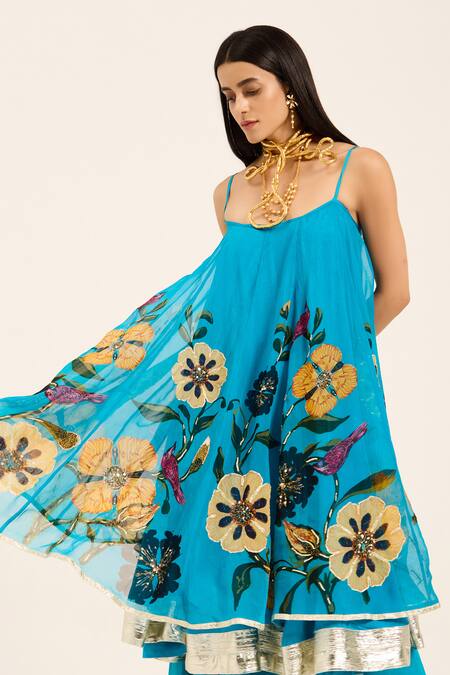 Buy Ruhr India Turquoise Organza Embroidery Round Neck Dhara Kurta Set Online at Aza Fashions Buy_Ruhr India_Turquoise Organza Embroidery Round Neck Dhara Kurta Set _Online_at_Aza_Fashions