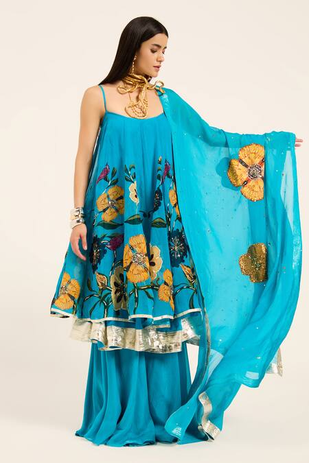 Shop Ruhr India Turquoise Organza Embroidery Round Neck Dhara Kurta Set Online at Aza Fashions Shop_Ruhr India_Turquoise Organza Embroidery Round Neck Dhara Kurta Set _Online_at_Aza_Fashions