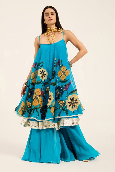 Ruhr India Turquoise Organza Embroidery Round Neck Dhara Kurta Set at Aza Fashions Ruhr India_Turquoise Organza Embroidery Round Neck Dhara Kurta Set _at_Aza_Fashions