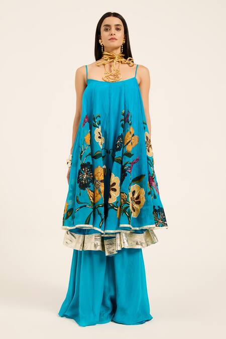 Buy Ruhr India Turquoise Organza Embroidery Round Neck Dhara Kurta Set Buy_Ruhr India_Turquoise Organza Embroidery Round Neck Dhara Kurta Set