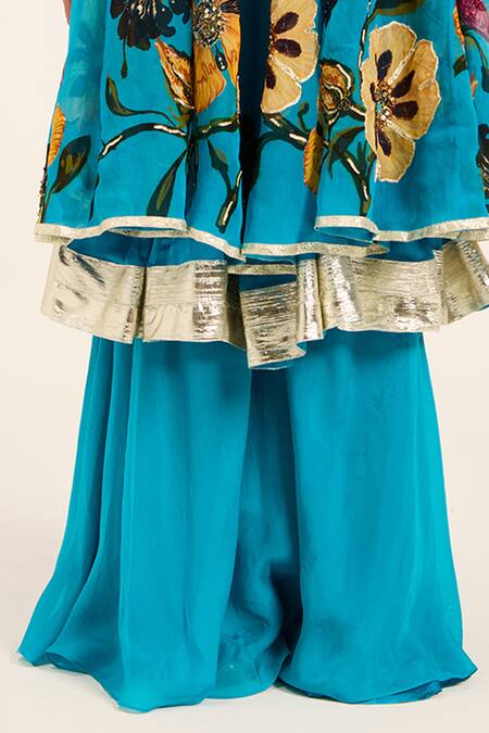 Shop Ruhr India Turquoise Organza Embroidery Round Neck Dhara Kurta Set Shop_Ruhr India_Turquoise Organza Embroidery Round Neck Dhara Kurta Set