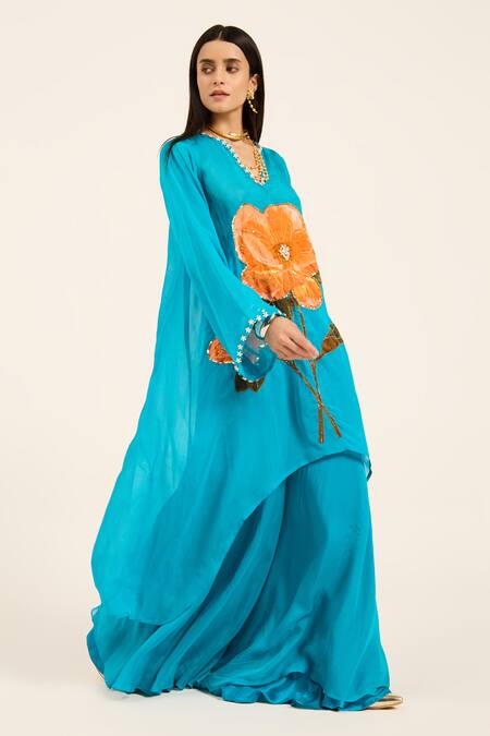 Shop Ruhr India Turquoise Organza Embroidery V-neck Phirozi Blue Hand Kurta Set Online at Aza Fashions Shop_Ruhr India_Turquoise Organza Embroidery V-neck Phirozi Blue Hand Kurta Set _Online_at_Aza_Fashions