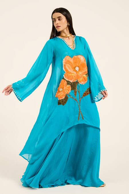 Ruhr India Turquoise Organza Embroidery V-neck Phirozi Blue Hand Kurta Set at Aza Fashions Ruhr India_Turquoise Organza Embroidery V-neck Phirozi Blue Hand Kurta Set _at_Aza_Fashions