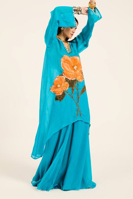 Buy Ruhr India Turquoise Organza Embroidery V-neck Phirozi Blue Hand Kurta Set Buy_Ruhr India_Turquoise Organza Embroidery V-neck Phirozi Blue Hand Kurta Set