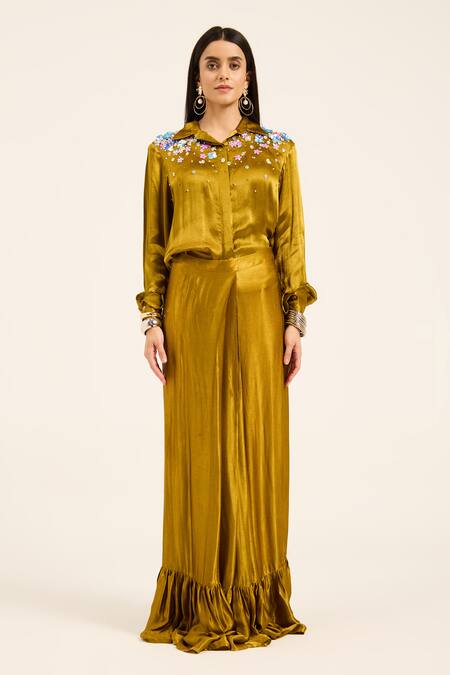 Ruhr India Yellow Satin, Chiffon Embroidery Collared Ochre Hand Shirt And Skirt Online at Aza Fashions Ruhr India_Yellow Satin, Chiffon Embroidery Collared Ochre Hand Shirt And Skirt _Online_at_Aza_Fashions