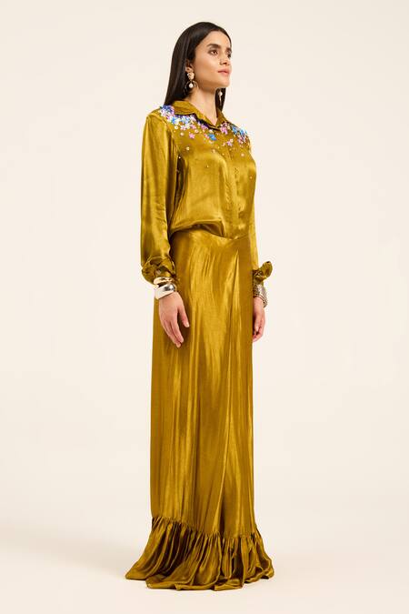 Shop Ruhr India Yellow Satin, Chiffon Embroidery Collared Ochre Hand Shirt And Skirt Online at Aza Fashions Shop_Ruhr India_Yellow Satin, Chiffon Embroidery Collared Ochre Hand Shirt And Skirt _Online_at_Aza_Fashions