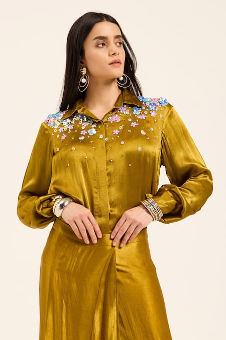 Ruhr India Yellow Satin, Chiffon Embroidery Collared Ochre Hand Shirt And Skirt at Aza Fashions Ruhr India_Yellow Satin, Chiffon Embroidery Collared Ochre Hand Shirt And Skirt _at_Aza_Fashions