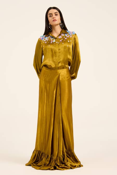 Buy Ruhr India Yellow Satin, Chiffon Embroidery Collared Ochre Hand Shirt And Skirt Buy_Ruhr India_Yellow Satin, Chiffon Embroidery Collared Ochre Hand Shirt And Skirt