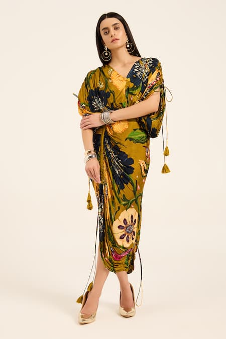 Ruhr India Yellow Satin, Chiffon Tassels V-neck Floral Print Kaftan And Draped Skirt Set Online at Aza Fashions Ruhr India_Yellow Satin, Chiffon Tassels V-neck Floral Print Kaftan And Draped Skirt Set _Online_at_Aza_Fashions