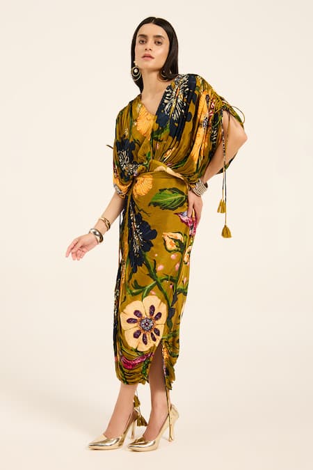 Buy Ruhr India Yellow Satin, Chiffon Tassels V-neck Floral Print Kaftan And Draped Skirt Set Online at Aza Fashions Buy_Ruhr India_Yellow Satin, Chiffon Tassels V-neck Floral Print Kaftan And Draped Skirt Set _Online_at_Aza_Fashions