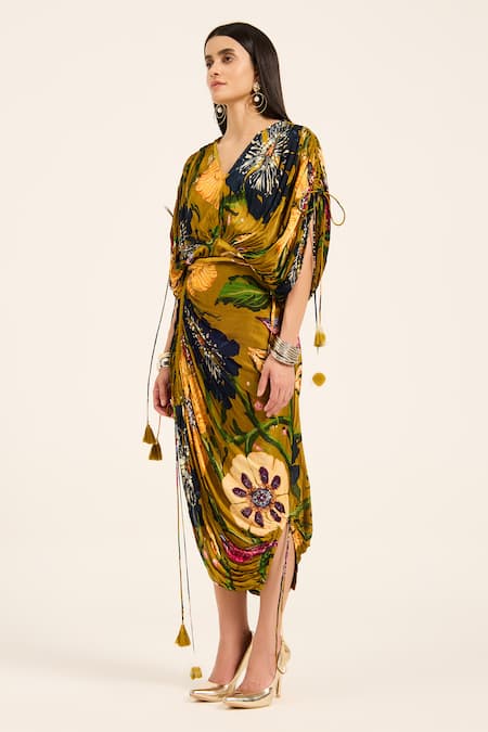 Shop Ruhr India Yellow Satin, Chiffon Tassels V-neck Floral Print Kaftan And Draped Skirt Set Online at Aza Fashions Shop_Ruhr India_Yellow Satin, Chiffon Tassels V-neck Floral Print Kaftan And Draped Skirt Set _Online_at_Aza_Fashions