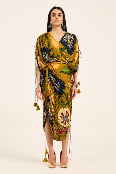 Ruhr India Yellow Satin, Chiffon Tassels V-neck Floral Print Kaftan And Draped Skirt Set at Aza Fashions Ruhr India_Yellow Satin, Chiffon Tassels V-neck Floral Print Kaftan And Draped Skirt Set _at_Aza_Fashions