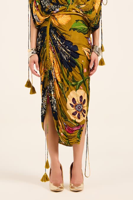 Buy Ruhr India Yellow Satin, Chiffon Tassels V-neck Floral Print Kaftan And Draped Skirt Set Buy_Ruhr India_Yellow Satin, Chiffon Tassels V-neck Floral Print Kaftan And Draped Skirt Set