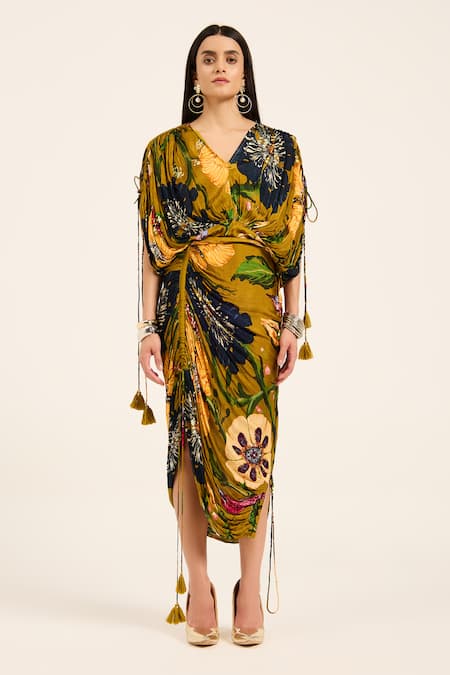 Shop Ruhr India Yellow Satin, Chiffon Tassels V-neck Floral Print Kaftan And Draped Skirt Set Shop_Ruhr India_Yellow Satin, Chiffon Tassels V-neck Floral Print Kaftan And Draped Skirt Set