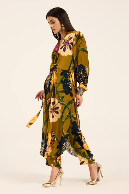 Ruhr India Yellow Crepe Collared Floral Print Ochre Kurta Set Online at Aza Fashions Ruhr India_Yellow Crepe Collared Floral Print Ochre Kurta Set _Online_at_Aza_Fashions