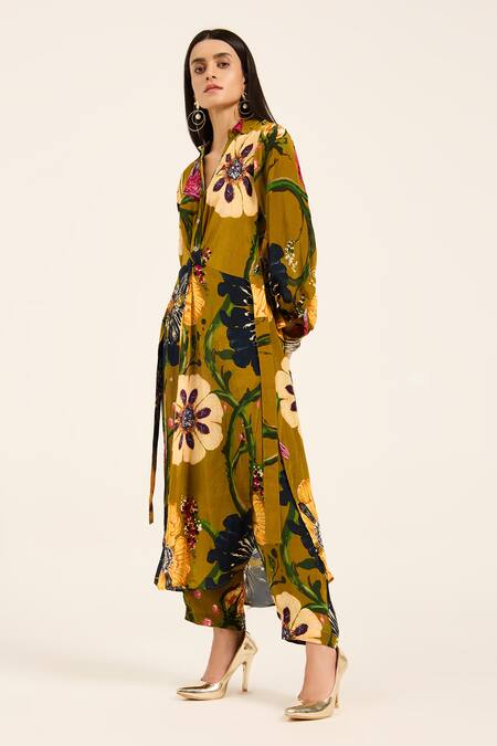 Buy Ruhr India Yellow Crepe Collared Floral Print Ochre Kurta Set Online at Aza Fashions Buy_Ruhr India_Yellow Crepe Collared Floral Print Ochre Kurta Set _Online_at_Aza_Fashions