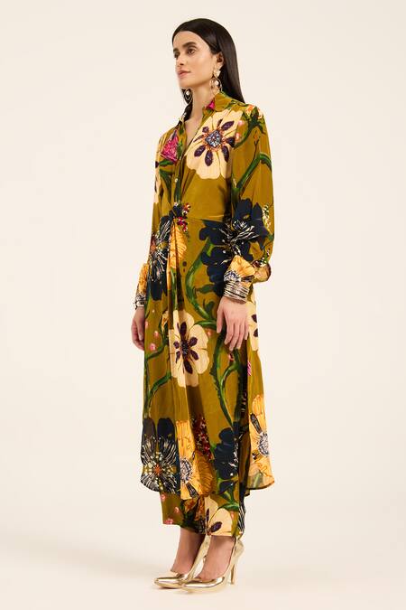 Shop Ruhr India Yellow Crepe Collared Floral Print Ochre Kurta Set Online at Aza Fashions Shop_Ruhr India_Yellow Crepe Collared Floral Print Ochre Kurta Set _Online_at_Aza_Fashions