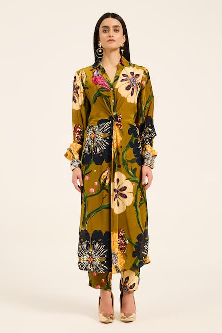 Ruhr India Yellow Crepe Collared Floral Print Ochre Kurta Set 