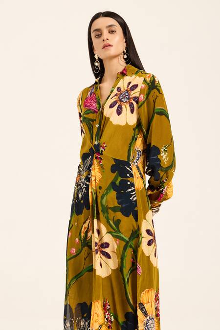 Ruhr India Yellow Crepe Collared Floral Print Ochre Kurta Set at Aza Fashions Ruhr India_Yellow Crepe Collared Floral Print Ochre Kurta Set _at_Aza_Fashions