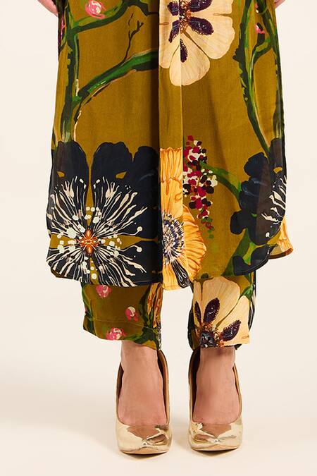 Buy Ruhr India Yellow Crepe Collared Floral Print Ochre Kurta Set Buy_Ruhr India_Yellow Crepe Collared Floral Print Ochre Kurta Set