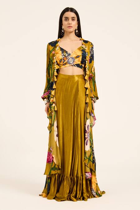 Buy Ruhr India Yellow Satin, Chiffon V-neck Floral Cape And Draped Skirt Set Online at Aza Fashions Buy_Ruhr India_Yellow Satin, Chiffon V-neck Floral Cape And Draped Skirt Set _Online_at_Aza_Fashions
