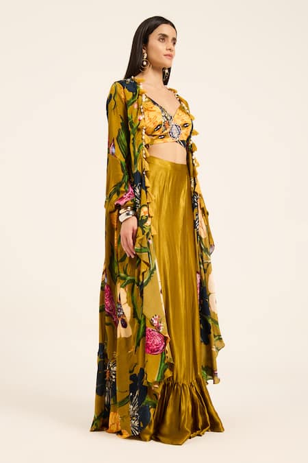 Shop Ruhr India Yellow Satin, Chiffon V-neck Floral Cape And Draped Skirt Set Online at Aza Fashions Shop_Ruhr India_Yellow Satin, Chiffon V-neck Floral Cape And Draped Skirt Set _Online_at_Aza_Fashions