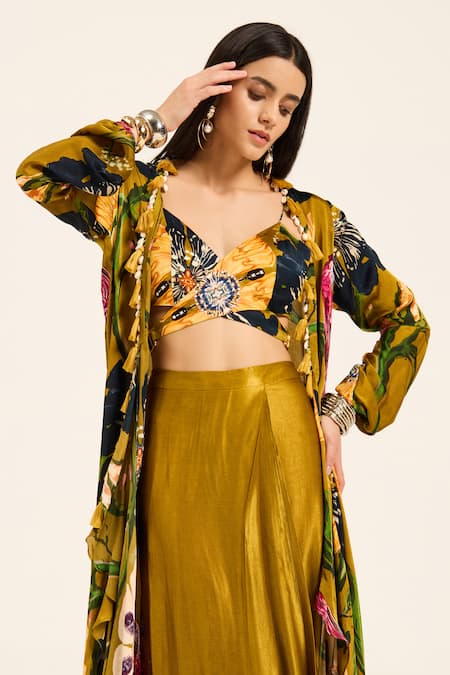 Ruhr India Yellow Satin, Chiffon V-neck Floral Cape And Draped Skirt Set at Aza Fashions Ruhr India_Yellow Satin, Chiffon V-neck Floral Cape And Draped Skirt Set _at_Aza_Fashions