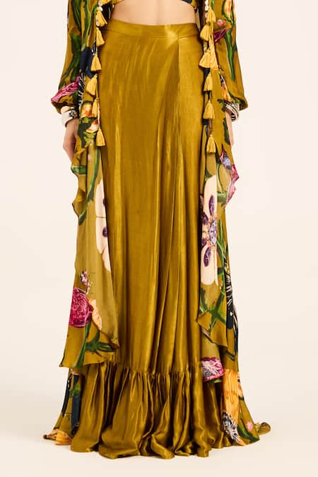 Buy Ruhr India Yellow Satin, Chiffon V-neck Floral Cape And Draped Skirt Set Buy_Ruhr India_Yellow Satin, Chiffon V-neck Floral Cape And Draped Skirt Set