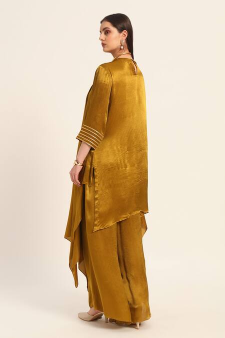 Shop Ruhr India Yellow Satin, Chiffon Embroidery Round Neck Kiara Kurta Set Online at Aza Fashions Shop_Ruhr India_Yellow Satin, Chiffon Embroidery Round Neck Kiara Kurta Set _Online_at_Aza_Fashions