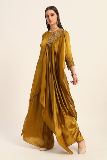 Ruhr India Yellow Satin, Chiffon Embroidery Round Neck Kiara Kurta Set at Aza Fashions Ruhr India_Yellow Satin, Chiffon Embroidery Round Neck Kiara Kurta Set _at_Aza_Fashions