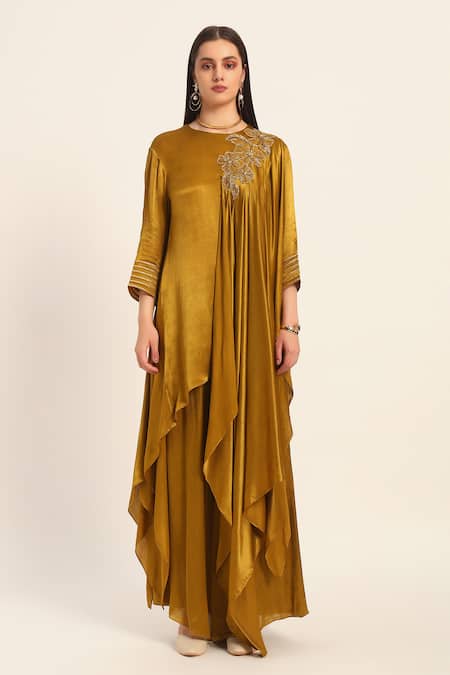 Buy Ruhr India Yellow Satin, Chiffon Embroidery Round Neck Kiara Kurta Set Buy_Ruhr India_Yellow Satin, Chiffon Embroidery Round Neck Kiara Kurta Set