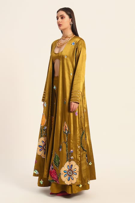 Ruhr India_Yellow Satin, Chiffon Embroidery Open Neck Ochre Jacket _Online_at_Aza_Fashions