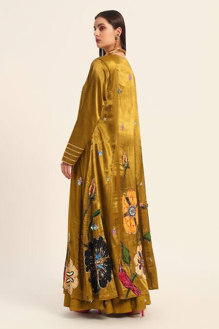 Buy_Ruhr India_Yellow Satin, Chiffon Embroidery Open Neck Ochre Jacket _Online_at_Aza_Fashions