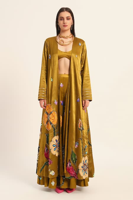 Shop_Ruhr India_Yellow Satin, Chiffon Embroidery Open Neck Ochre Jacket _Online_at_Aza_Fashions