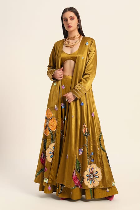 Ruhr India_Yellow Satin, Chiffon Embroidery Open Neck Ochre Jacket _at_Aza_Fashions