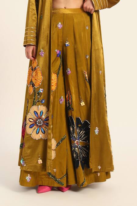Buy_Ruhr India_Yellow Satin, Chiffon Embroidery Open Neck Ochre Jacket 