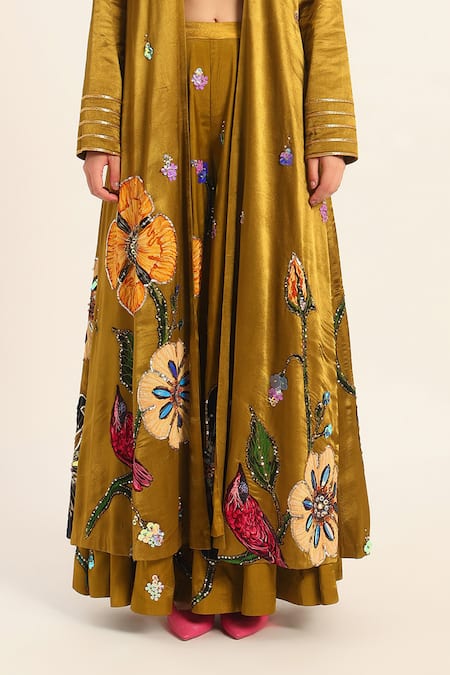 Shop_Ruhr India_Yellow Satin, Chiffon Embroidery Open Neck Ochre Jacket 