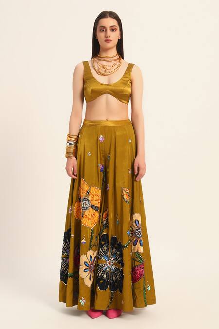 Ruhr India Yellow Satin, Chiffon Embroidery Round Neck Ochre Inaya Sharara Set Online at Aza Fashions Ruhr India_Yellow Satin, Chiffon Embroidery Round Neck Ochre Inaya Sharara Set _Online_at_Aza_Fashions