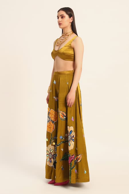 Shop Ruhr India Yellow Satin, Chiffon Embroidery Round Neck Ochre Inaya Sharara Set Online at Aza Fashions Shop_Ruhr India_Yellow Satin, Chiffon Embroidery Round Neck Ochre Inaya Sharara Set _Online_at_Aza_Fashions